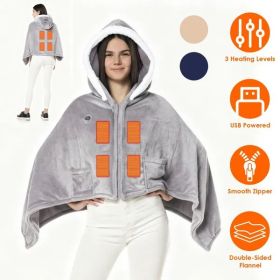 Wearable Heated Throw Blanket Double-Sided Flannel Portable Electric Heating Hoodie For Women Men Machine Washable 3 Heating Levels Battery Opera (Option: Grey)