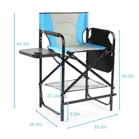 26" Tall Directors Chair With Footrest, 4Portable Bar Height Folding Camping Chair With Built-in Cup Holder, Side Table, Storage Pocket, Blue & G (Option: defaulttitle)
